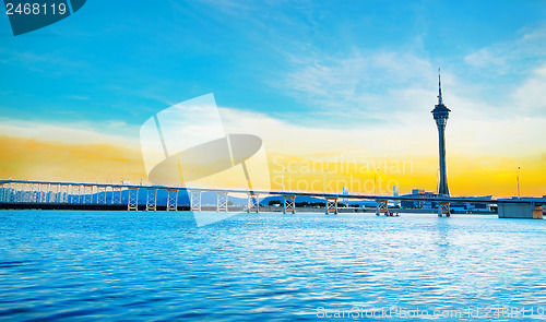 Image of Macau cityscape of bridge and skyscraper Macao, Asia. 