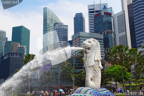 Image of Singapore center with Merlion and skyscrapers 