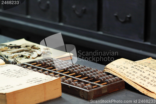 Image of abacus and book on the table in a chinese old shop