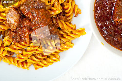 Image of fusilli pasta with neapolitan style ragu meat sauce