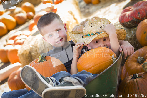 Image of Two Little Boys Playing in Wheelbarrow at the Pumpkin Patch
