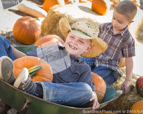 Image of Two Little Boys Playing in Wheelbarrow at the Pumpkin Patch
