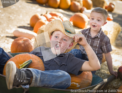 Image of Two Little Boys Playing in Wheelbarrow at the Pumpkin Patch
