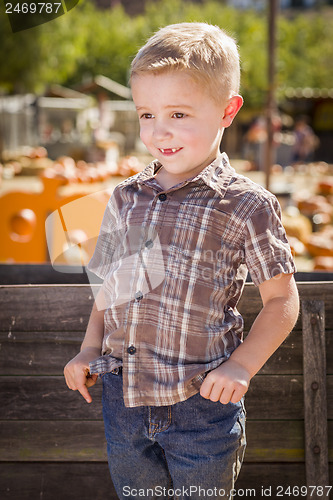 Image of Little Boy With Hands in His Pockets at Pumpkin Patch
