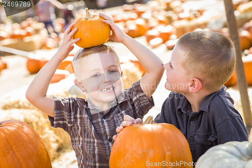 Image of Two Boys at the Pumpkin Patch Talking and Having Fun
