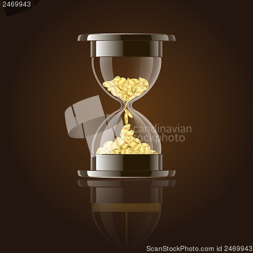 Image of Hourglass with gold coins over dark background.