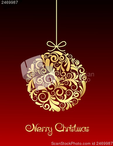 Image of Gold Christmas ball on red background.