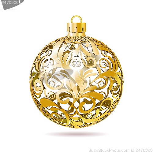 Image of Gold Openwork Christmas ball on white background.