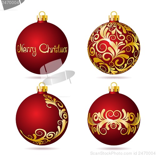 Image of Set of Red Christmas balls on white background.