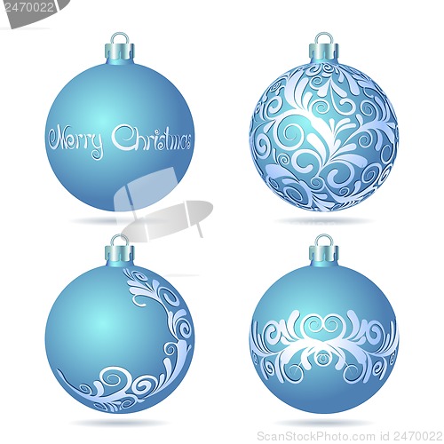 Image of Set of Blue Christmas balls on white background.