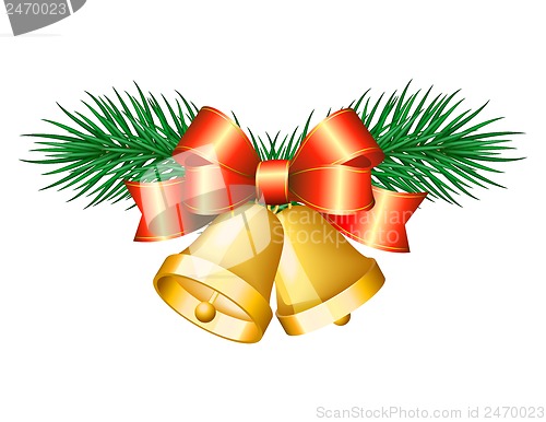 Image of Christmas golden bells with red bows.