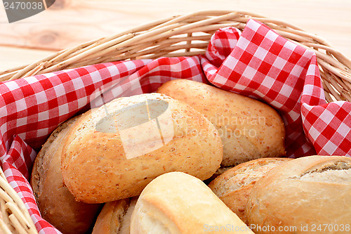 Image of Closeup of appetising crusty petit pain in a basket