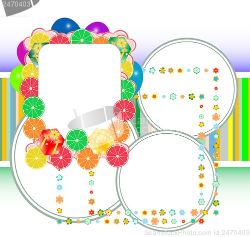 Image of fruit banners with gift boxes, holiday card