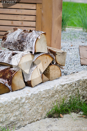 Image of A pile of Birch wood in the garden, close-up 