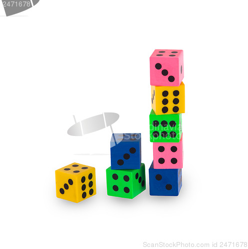 Image of Eight colorfull pensil erasers in the shape of dice