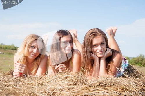 Image of Young beautiful women on hay