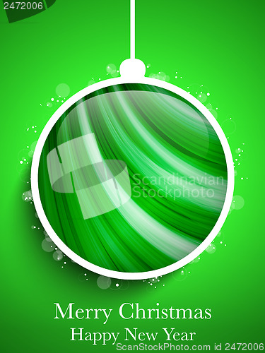 Image of Merry Christmas Happy New Year Ball on Green Background