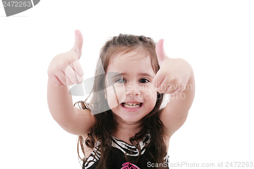Image of Close up portrait of cute girl showing thumbs up.Isolated on whi