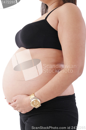 Image of Image of pregnant woman touching her belly with hands 