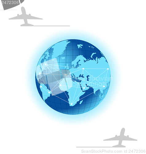 Image of Planet with label plane for design travel brochure 
