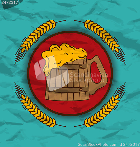 Image of Retro poster wooden mug beer and wheats