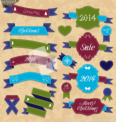 Image of Christmas set geometric labels and ribbons