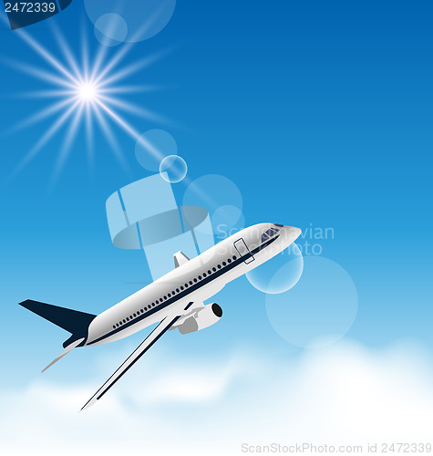 Image of Realistic background with flying airplane