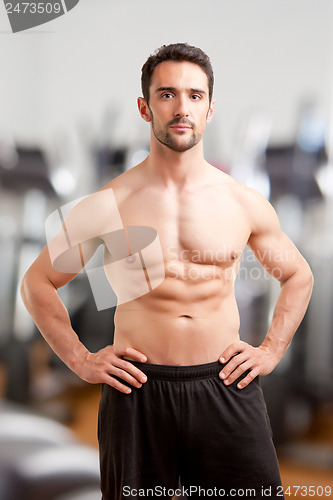 Image of Fit Man Standing With Arms At His Waist in a Gym