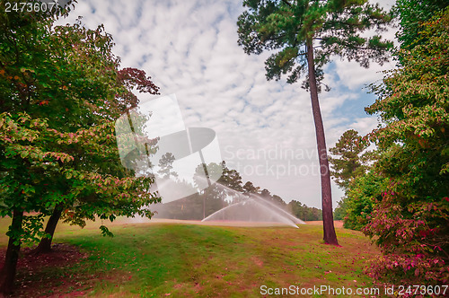 Image of watering green grass lawn on golf course