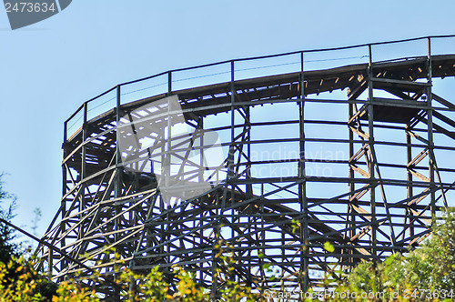 Image of rollercoasters at an amusement park with blue sky