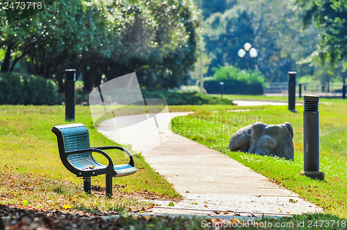 Image of bench in a park with a walkway