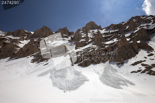 Image of Snowy rocks and trace from avalanche