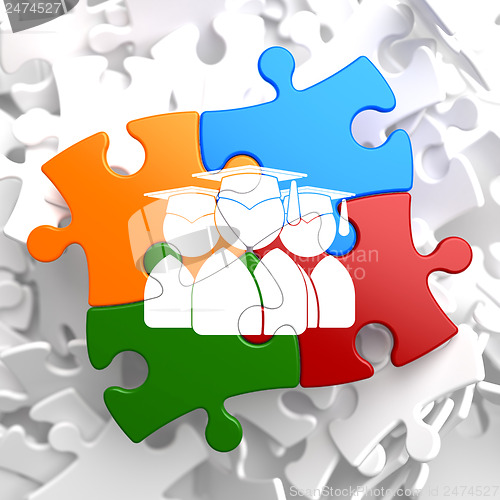 Image of Group of Graduates Icon on Multicolor Puzzle.