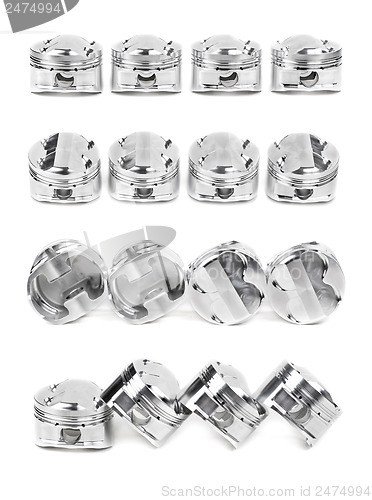 Image of Collage of a set of four polished chrome forged pistons