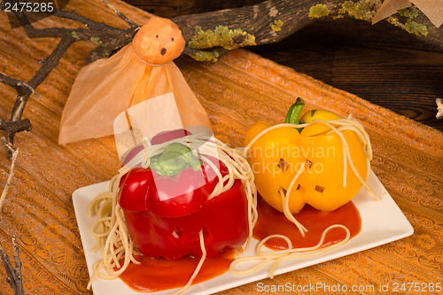 Image of Fake pumpkins with pasta worms