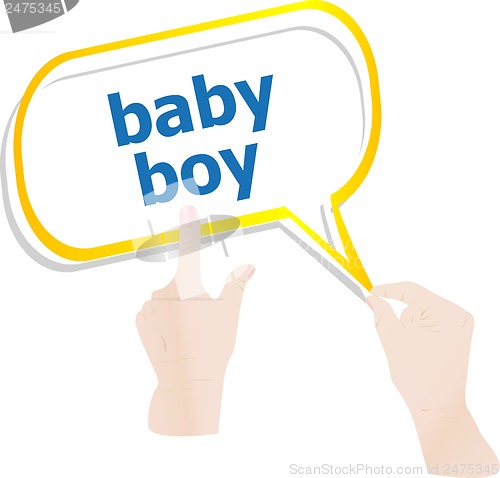 Image of hands holding abstract cloud with baby boy word