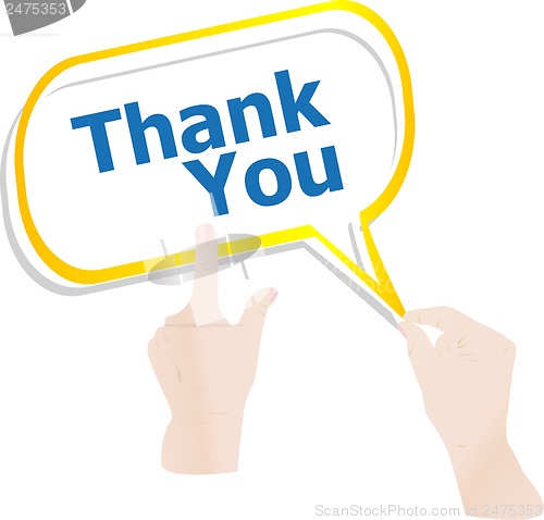 Image of hands holding abstract cloud with thank you word