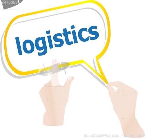 Image of hands push word logistics on speech bubbles