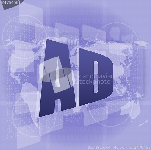 Image of ad word on digital screen, global communication concept