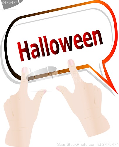 Image of halloween word on abstract cloud with people hands