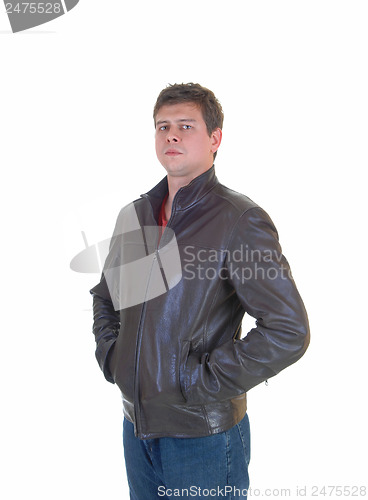 Image of Young man in leather jacket.