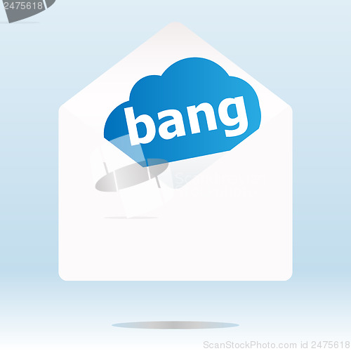 Image of bang word on blue cloud, paper mail envelope