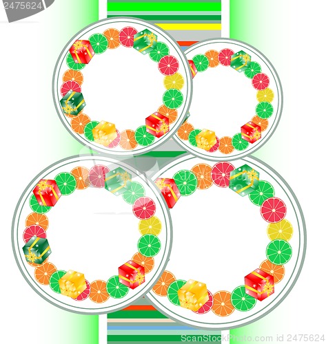 Image of fruit banners with gift boxes, christmas card