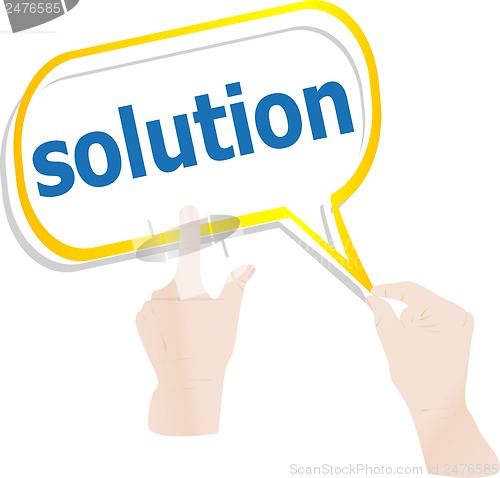 Image of hands holding abstract cloud with solution word