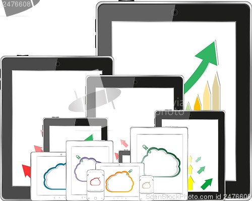 Image of cloud computing concept with tablet PC downloading data and arrow chart