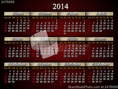 Image of beautiful claret calendar for 2014 year in Spanish