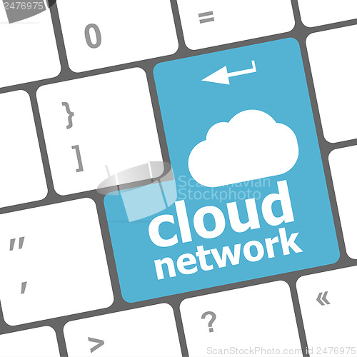 Image of cloud network words concept on blue button of the keyboard
