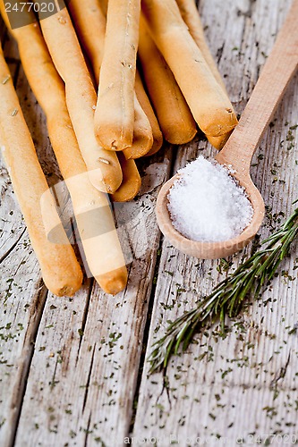 Image of bread sticks grissini with rosemary and salt