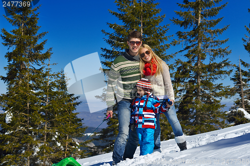 Image of family having fun on fresh snow at winter