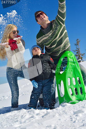 Image of family having fun on fresh snow at winter